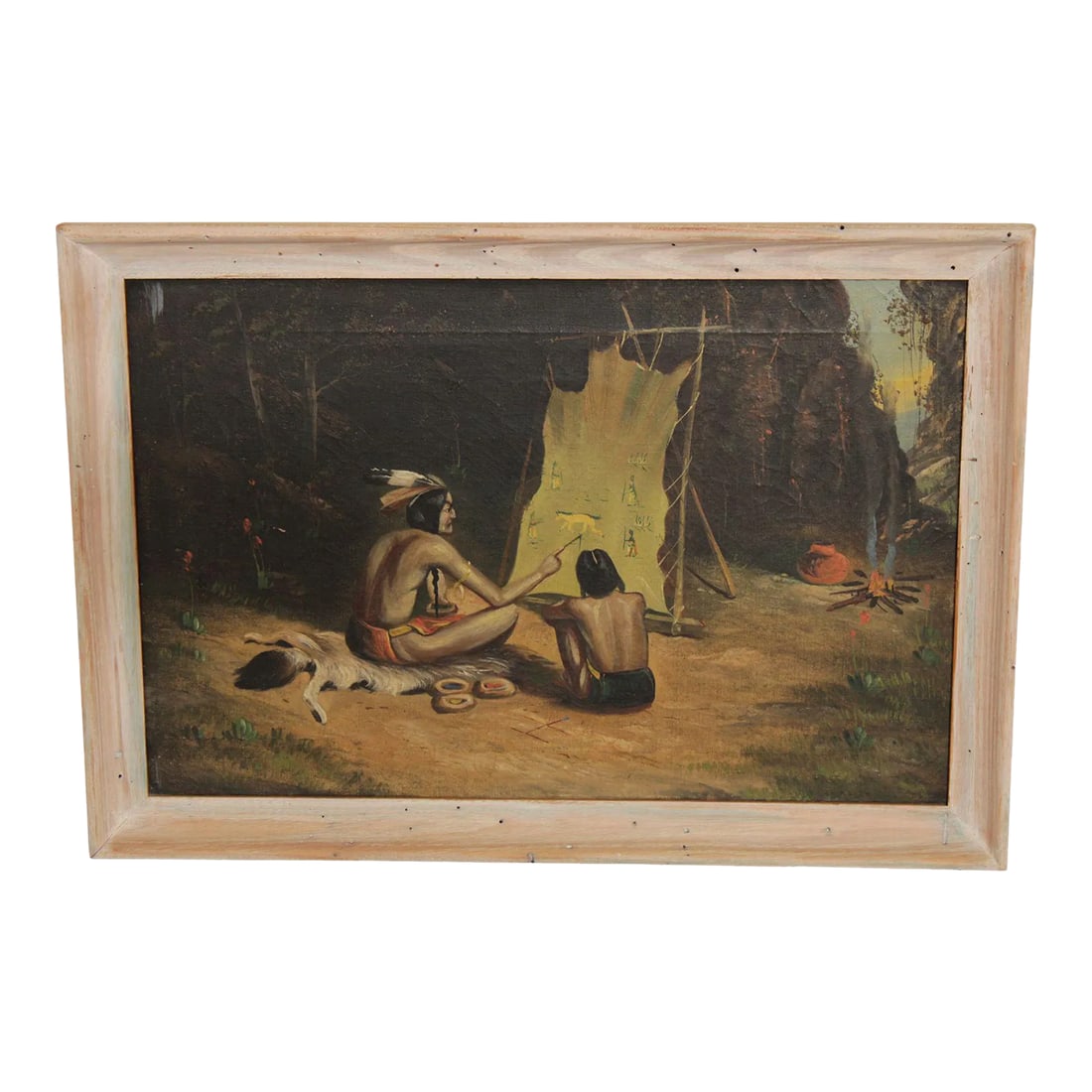 Early 20th C. Native American Oil Painting: High Quality Vintage Native American Painting Hide Scene, Oil on Canvas, Custom Natural Wood Frame Condition: Alterations: Original Condition Unaltered Imperfections: Some Imperfections Condition