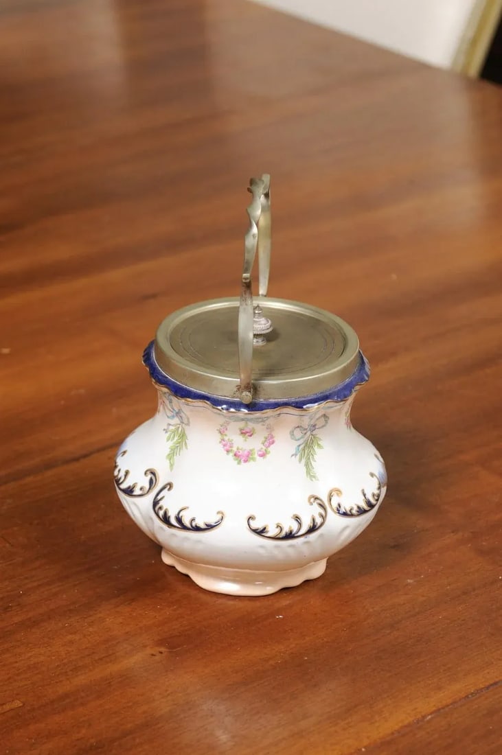 England Crescent Ware 1890s Porcelain Pot with Floral Motifs and EPNS Lid - 12