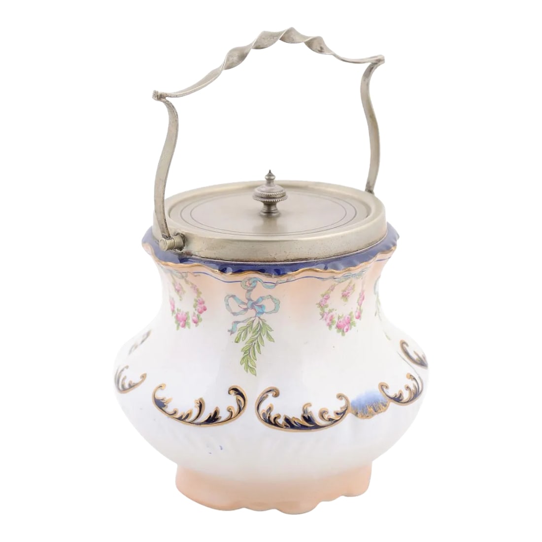 England Crescent Ware 1890s Porcelain Pot with Floral Motifs and EPNS Lid: An England crescent ware porcelain pot from the late 19th century, with floral motifs and electro plated nickel silver lid. Created in England during the last decade of the 19th century, this