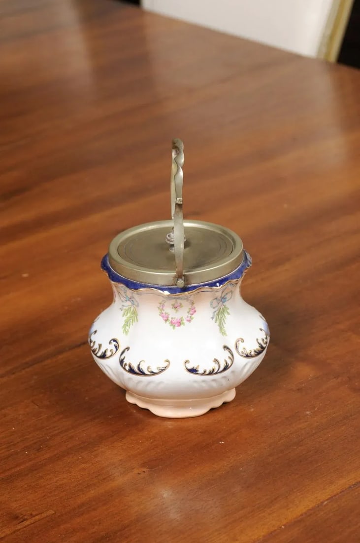 England Crescent Ware 1890s Porcelain Pot with Floral Motifs and EPNS Lid - 3