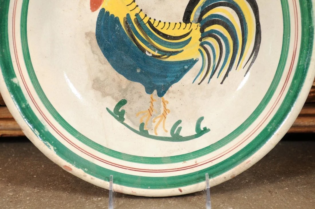 Italian Early 20th Century Pottery Bowl with Rooster Motif & Green Border - 10