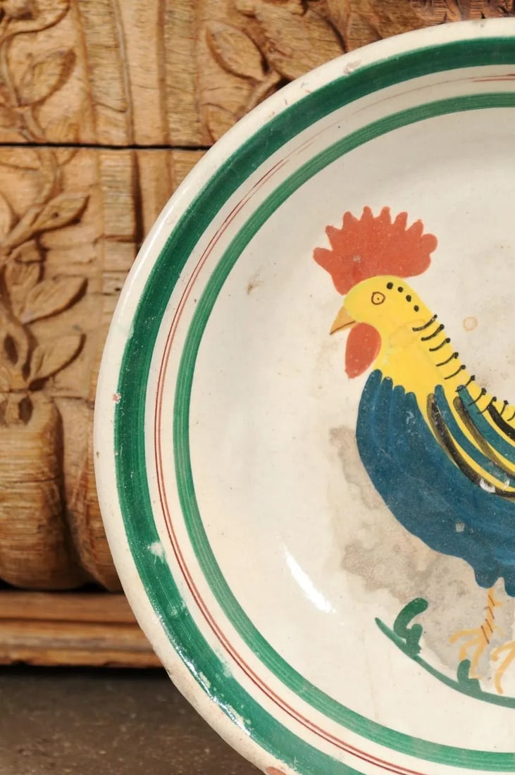 Italian Early 20th Century Pottery Bowl with Rooster Motif & Green Border - 11