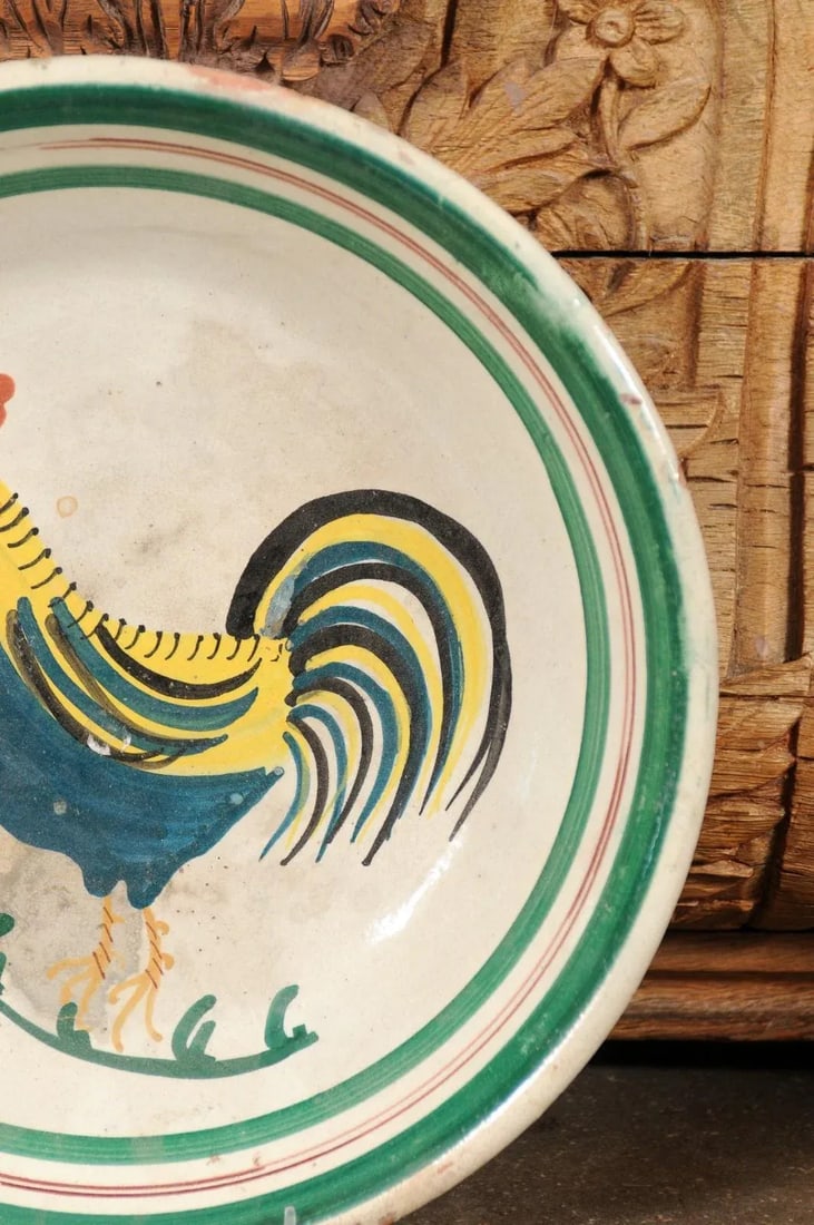 Italian Early 20th Century Pottery Bowl with Rooster Motif & Green Border - 12