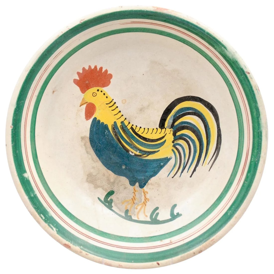 Italian Early 20th Century Pottery Bowl with Rooster Motif & Green Border - 13