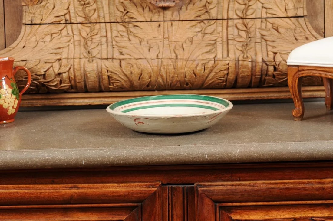 Italian Early 20th Century Pottery Bowl with Rooster Motif & Green Border - 2