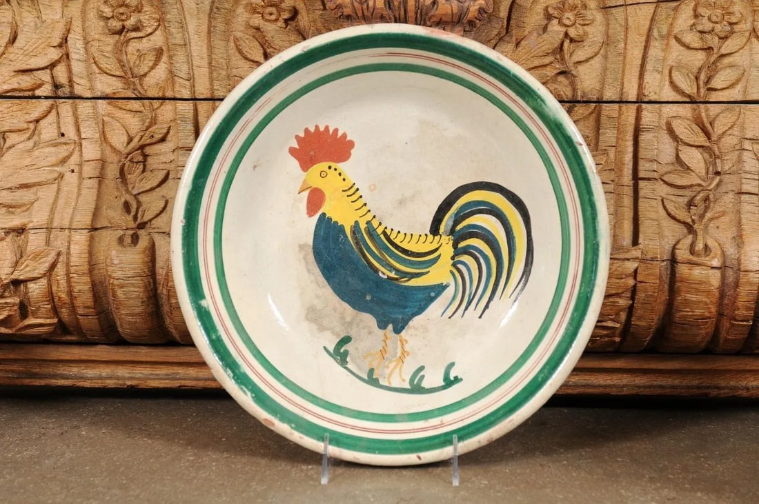 Italian Early 20th Century Pottery Bowl with Rooster Motif & Green Border - 8