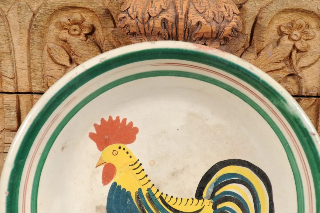 Italian Early 20th Century Pottery Bowl with Rooster Motif & Green Border - 9