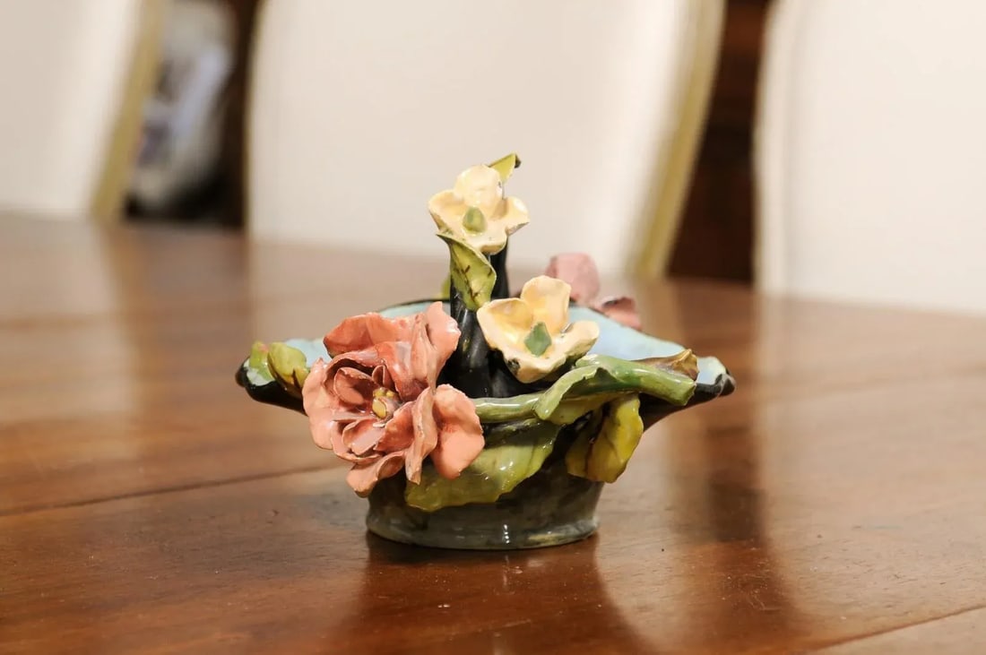 French 1880s Barbotine Majolica Basket with High Relief Colorful Flowers - 10