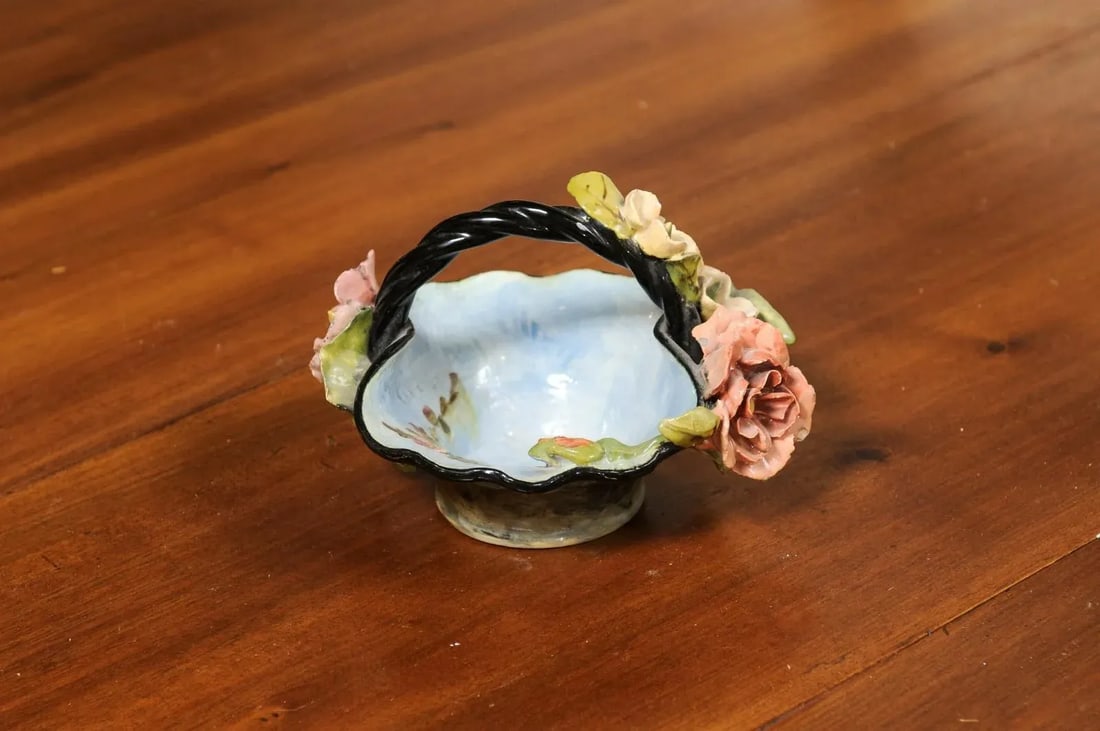 French 1880s Barbotine Majolica Basket with High Relief Colorful Flowers - 12