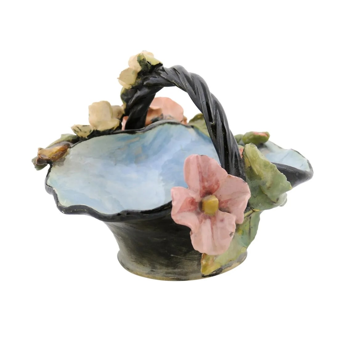 French 1880s Barbotine Majolica Basket with High Relief Colorful Flowers - 13