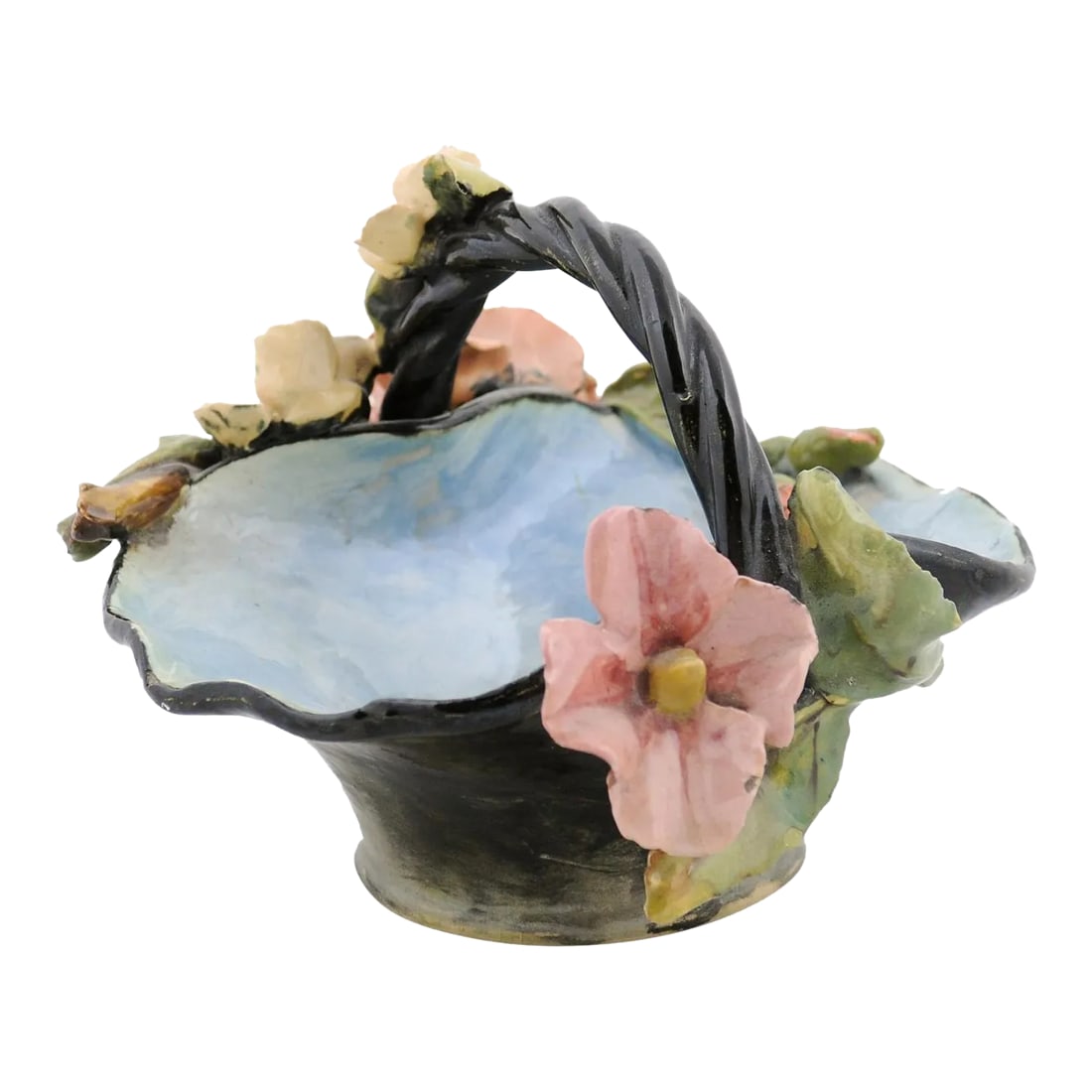 French 1880s Barbotine Majolica Basket with High Relief Colorful Flowers: A French majolica basket from the late 19th century with high relief floral barbotine décor. Created in France during the last quarter of the 19th century, this majolica features a black and