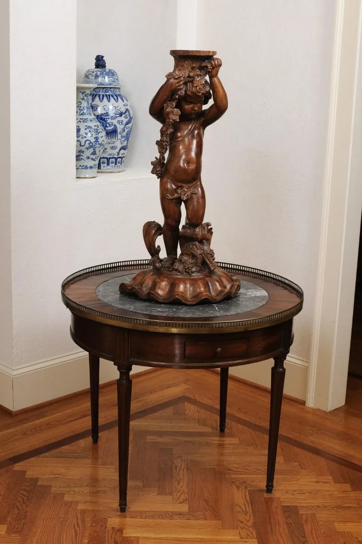 French Napoléon III 1860s Carved Walnut Sculpture of a Putto Carrying a Vessel - 10