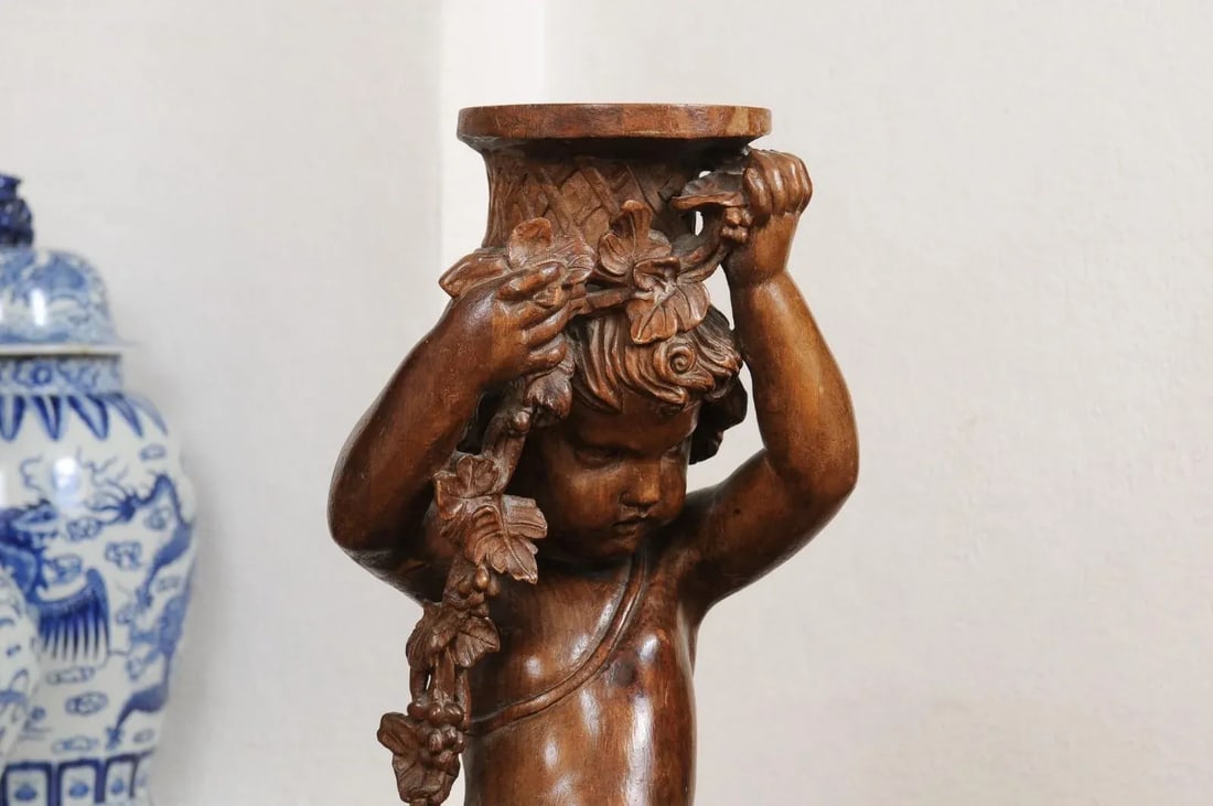 French Napoléon III 1860s Carved Walnut Sculpture of a Putto Carrying a Vessel - 11