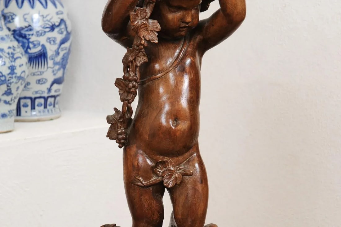 French Napoléon III 1860s Carved Walnut Sculpture of a Putto Carrying a Vessel - 12