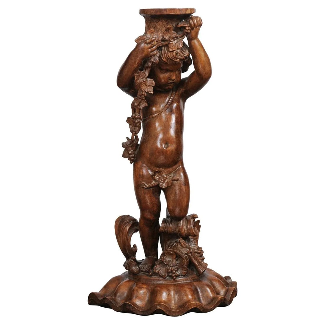 French Napoléon III 1860s Carved Walnut Sculpture of a Putto Carrying a Vessel - 13