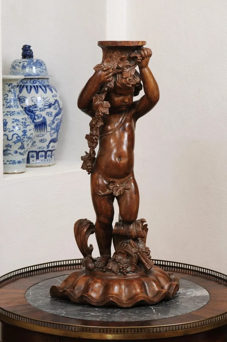 French Napoléon III 1860s Carved Walnut Sculpture of a Putto Carrying a Vessel - 2