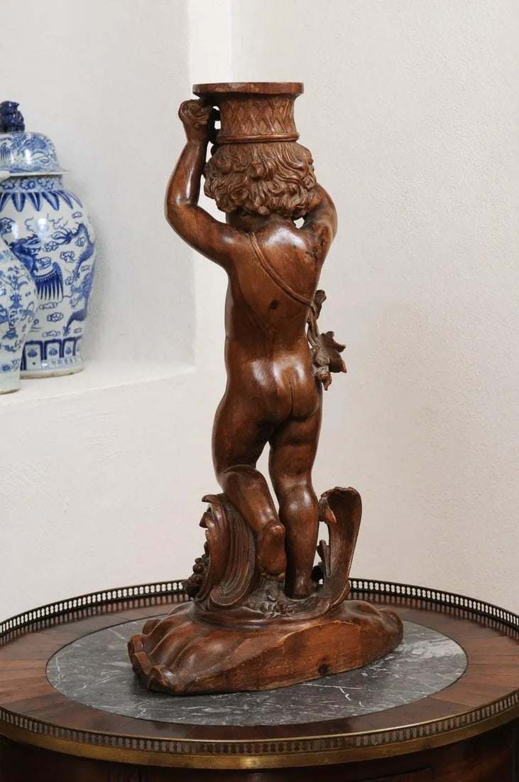French Napoléon III 1860s Carved Walnut Sculpture of a Putto Carrying a Vessel - 3