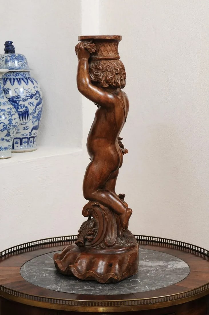 French Napoléon III 1860s Carved Walnut Sculpture of a Putto Carrying a Vessel - 4