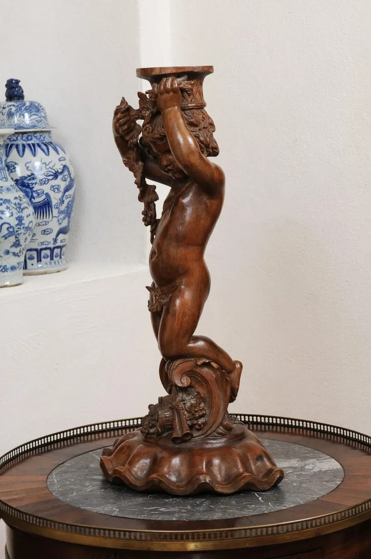 French Napoléon III 1860s Carved Walnut Sculpture of a Putto Carrying a Vessel - 5