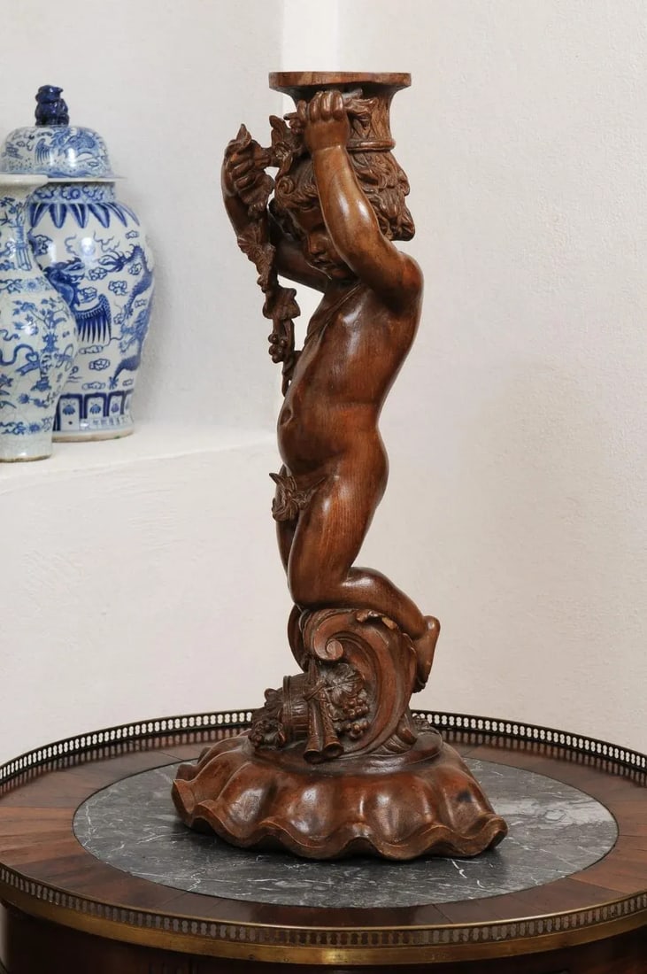 French Napoléon III 1860s Carved Walnut Sculpture of a Putto Carrying a Vessel - 6