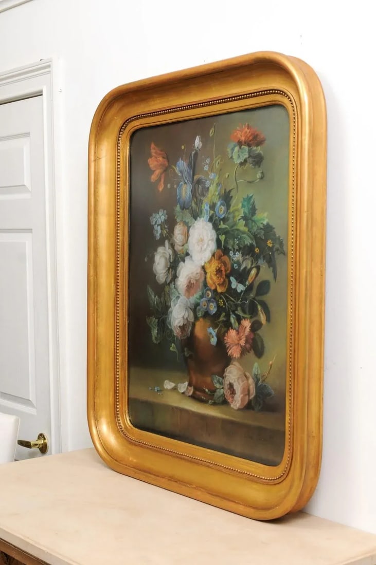 French 19th Century Paste Painting with Bouquet of Flowers in Giltwood Frame - 11
