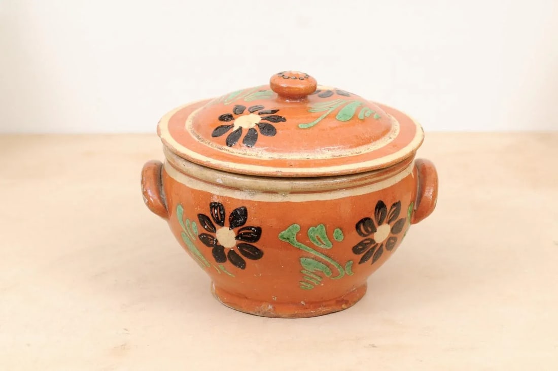 19th Century Rustic French Glazed Terracotta Covered Baking Dish with Flowers - 10