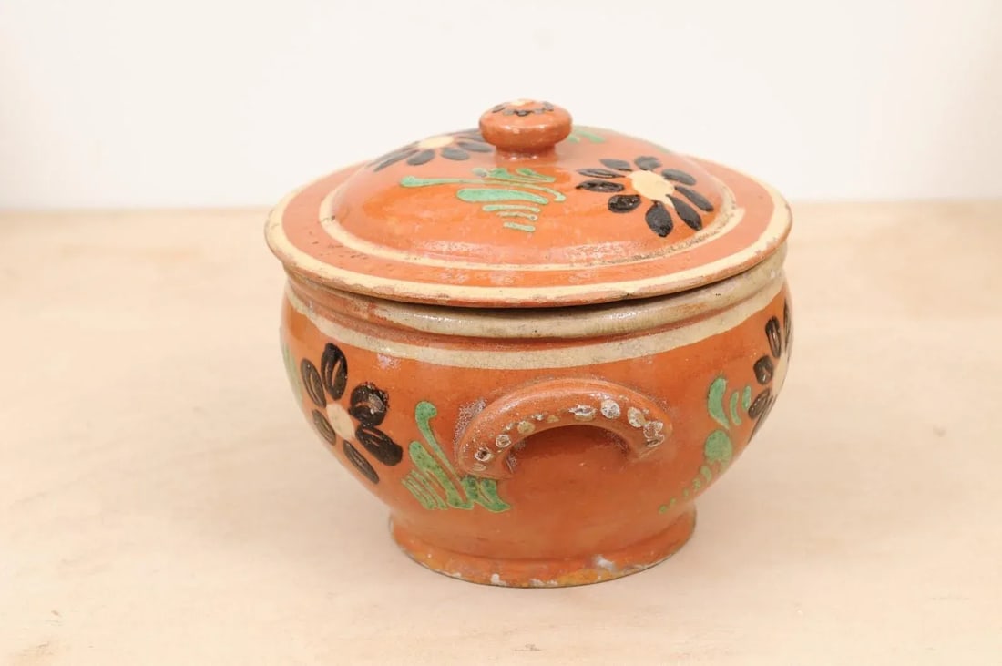 19th Century Rustic French Glazed Terracotta Covered Baking Dish with Flowers - 12