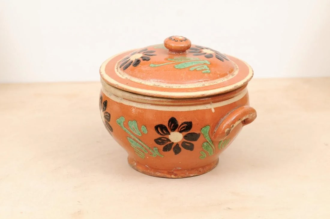 19th Century Rustic French Glazed Terracotta Covered Baking Dish with Flowers - 9