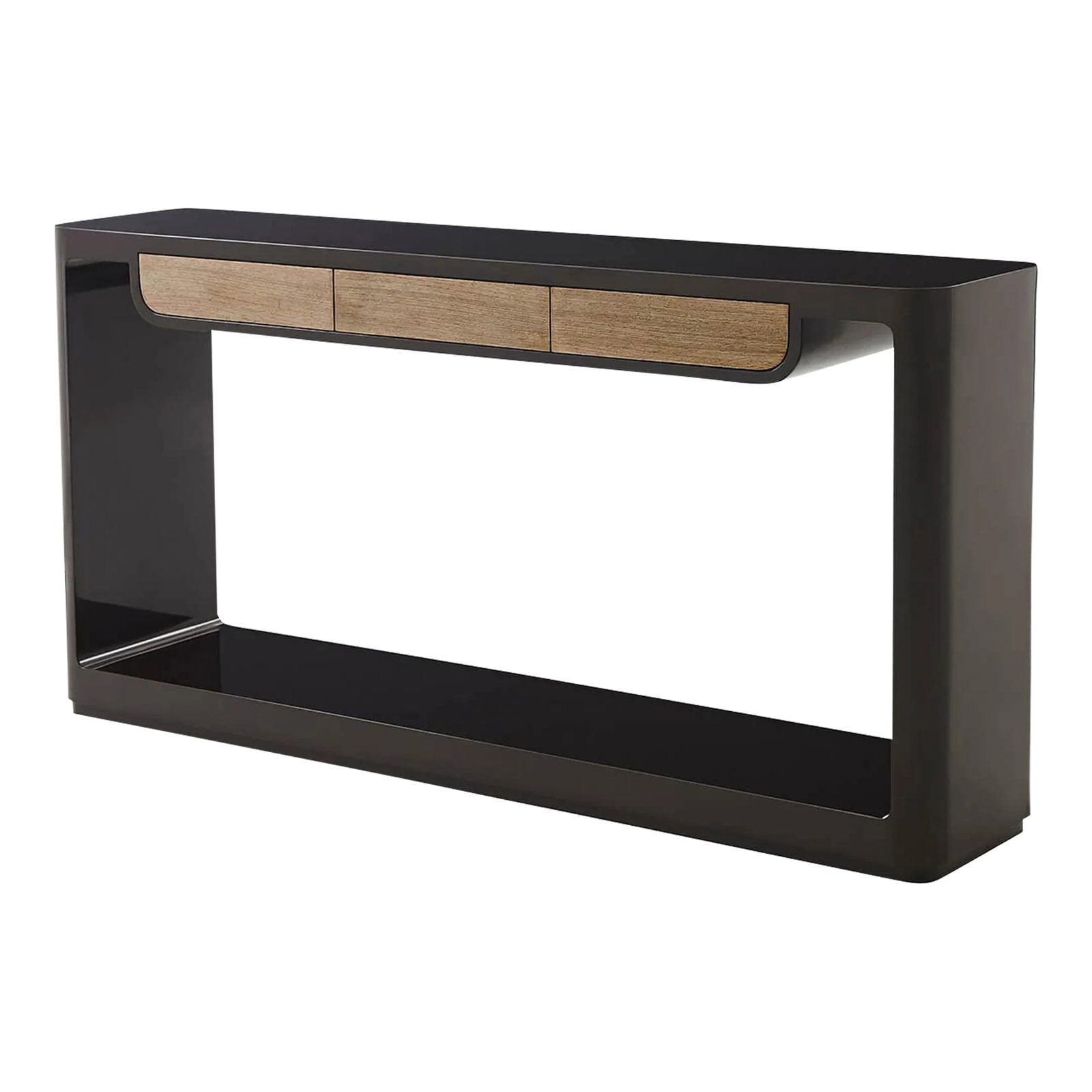 Modern Lacquered Console: Modern lacquered three drawer console with three brushed wenge veneered self closing drawers. Dimensions: 66" W x 14" D x 33" H Condition: Alterations: Restored Imperfections: Some Imperfections Condi