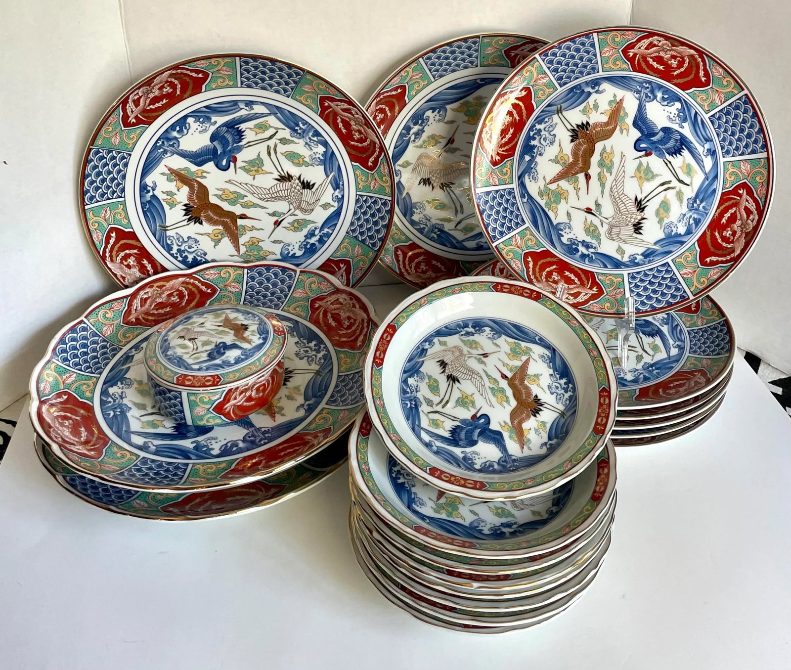 Japanese Imari Asian Crane Dinnerware and Serving Set - 19 Pieces - 13