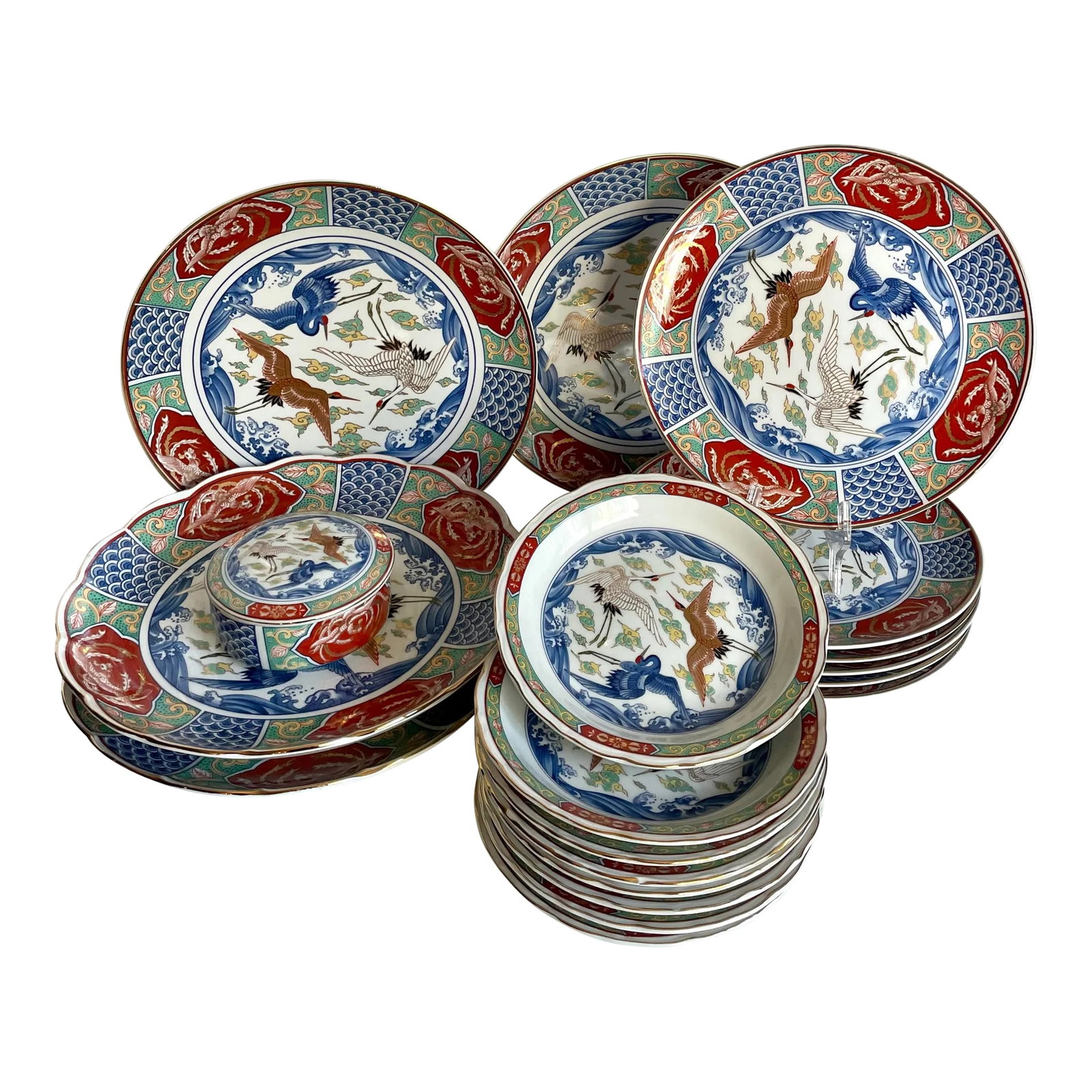 Japanese Imari Asian Crane Dinnerware and Serving Set - 19 Pieces: Listed here is an elegant Japanese dinnerware and serving set featuring hand-painted cranes and intricate Asian designs throughout! It's difficult to show how lovely these are in photographs. The