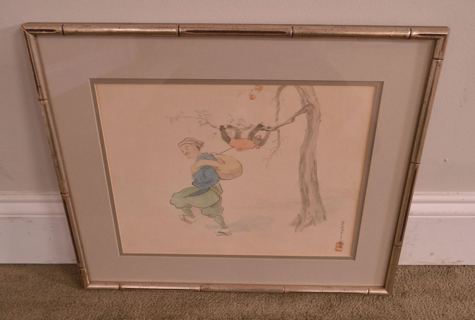 Vintage Chinese Man & Monkey Watercolor Drawing - 11