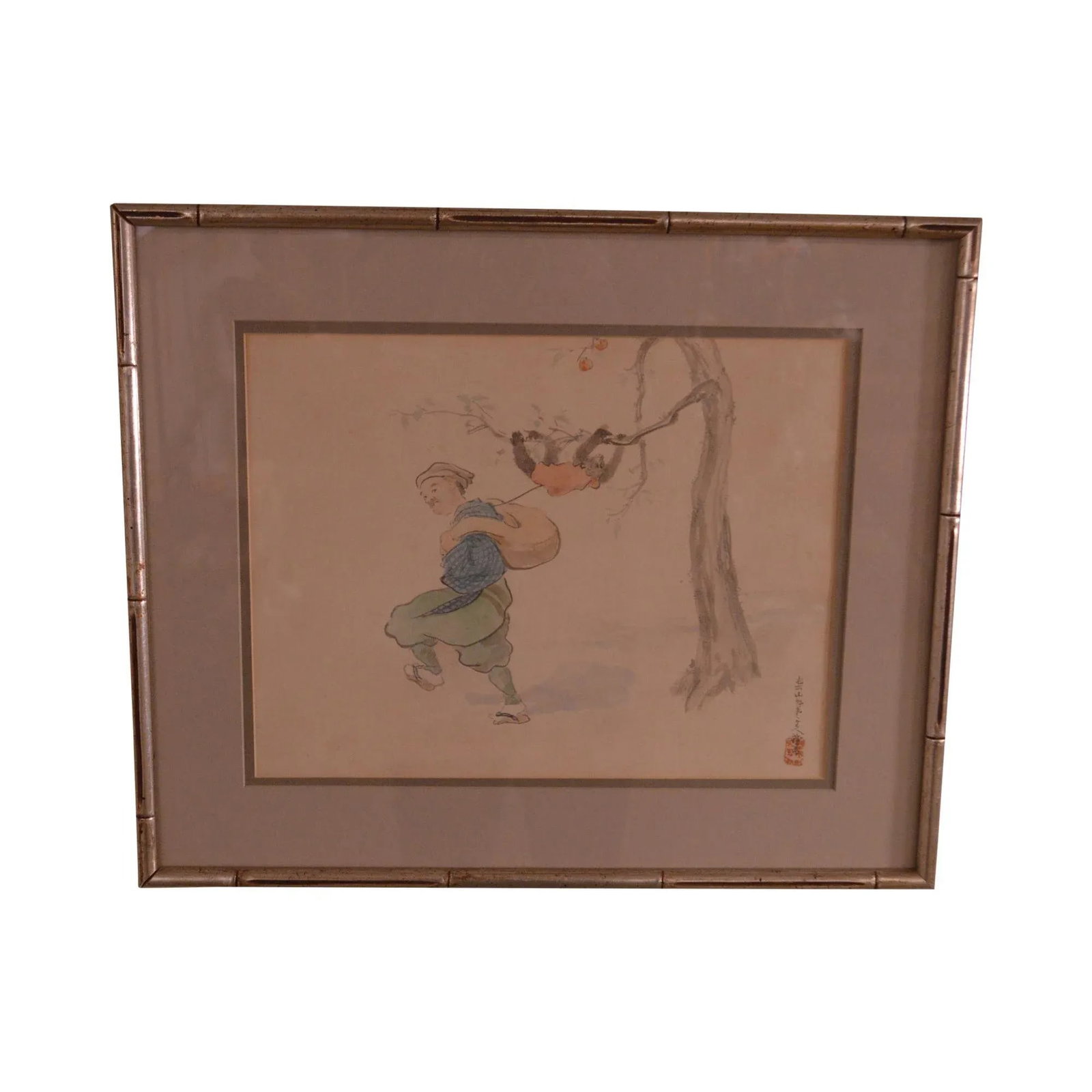 Vintage Chinese Man & Monkey Watercolor Drawing - 12