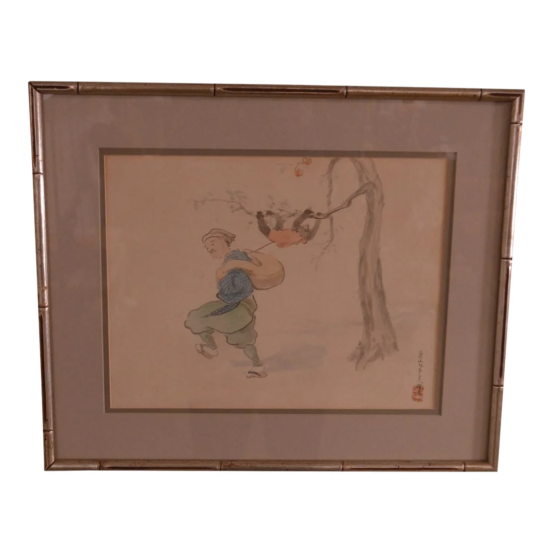 Vintage Chinese Man & Monkey Watercolor Drawing: High Quality Watercolor Drawing Depicting Man and Monkey, Signed Lower Right, Custom Silver Frame. Dimensions: 10.25 x 13.25 Sight, 15 x 18 Framed Condition: Alterations: Original Condition Unaltered