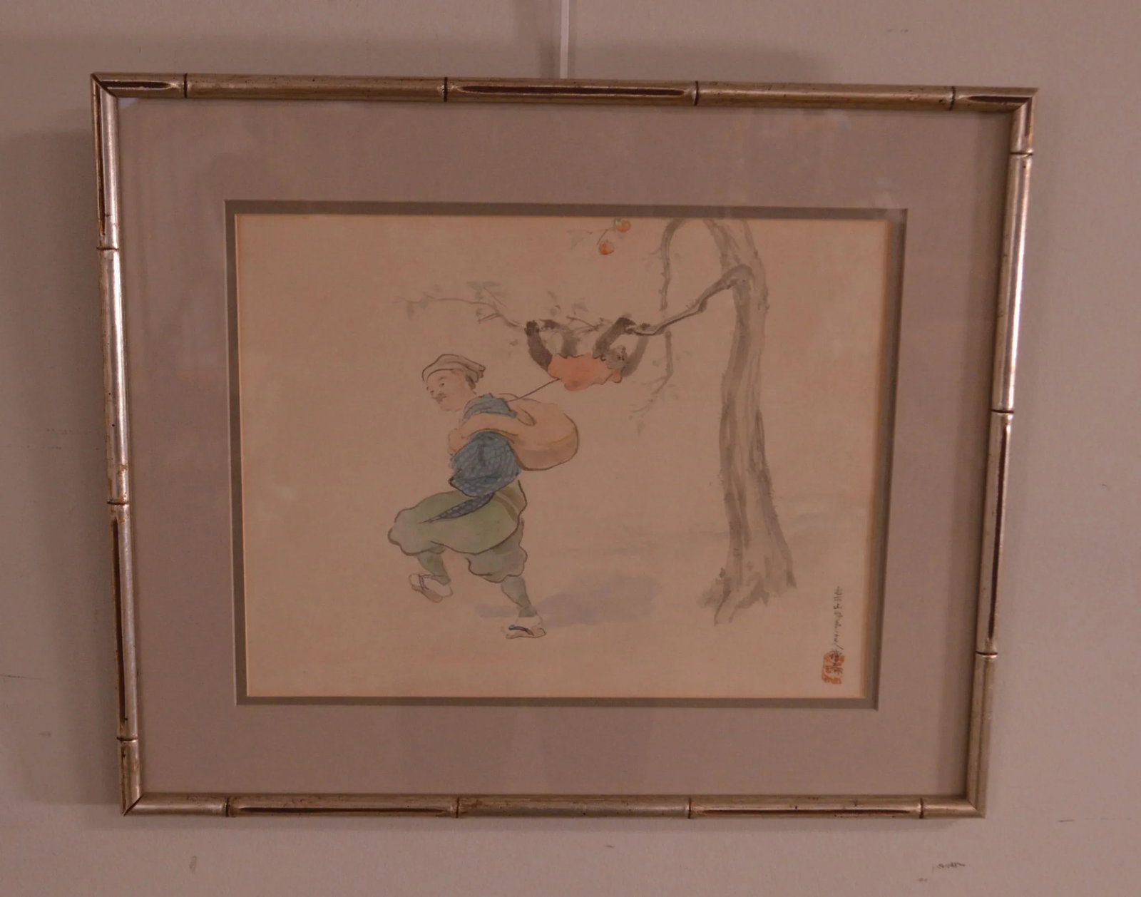Vintage Chinese Man & Monkey Watercolor Drawing - 2