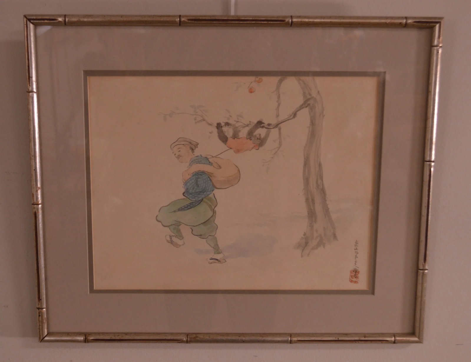 Vintage Chinese Man & Monkey Watercolor Drawing - 3