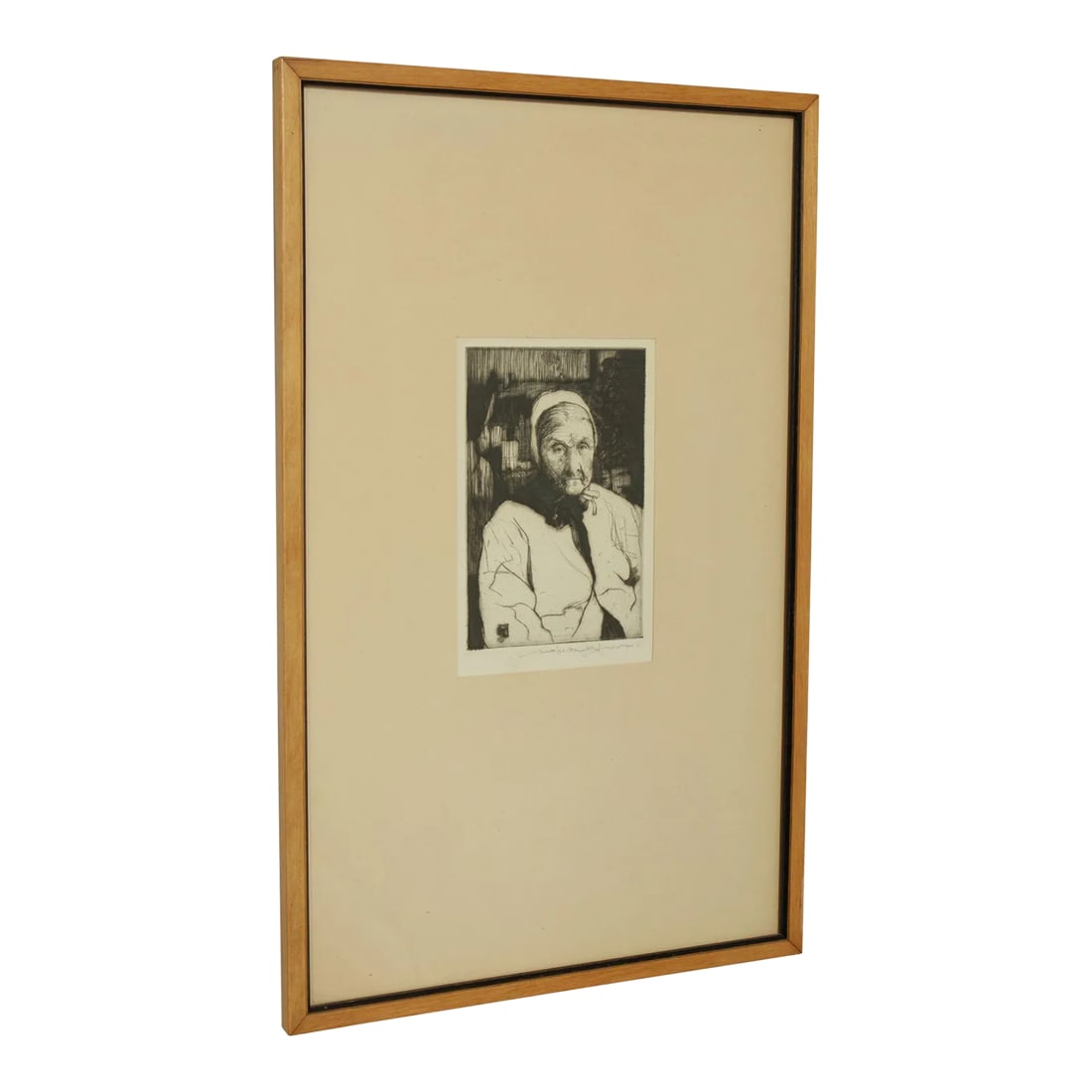 1960s Portrait of Woman Etching: Vintage Etching Depicting Portrait of Amish Woman, Signed and Stamped Along Lower Boarder, Custom Wood Frame. Dimensions: 6.5 x 4.5 Sight, 18.75 x 11.75 Framed. Condition: Alterations: Original Condit