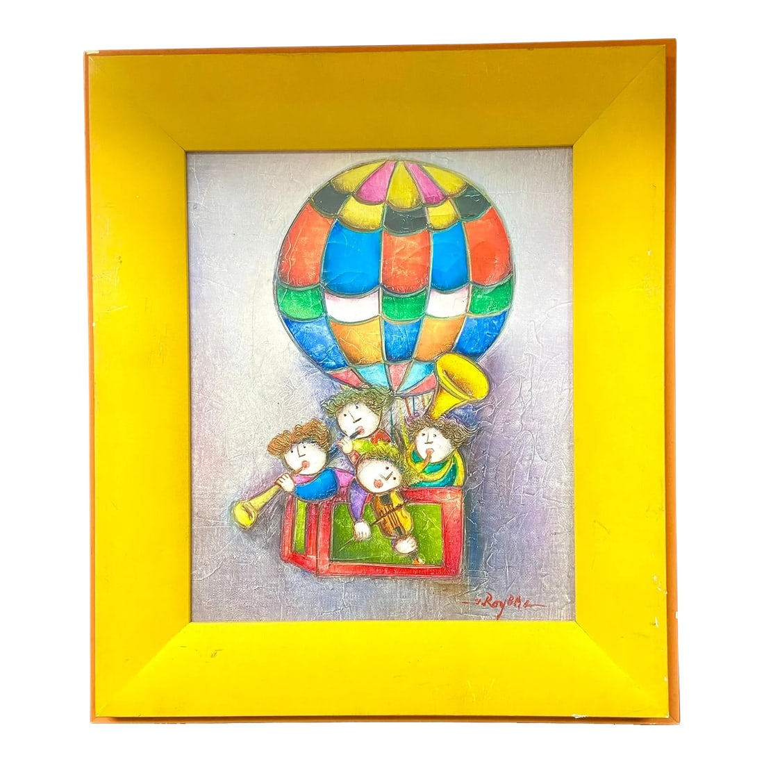 Oil Painting by Joyce Roybal: Whimsical Joyce Roybal signed painting of children musicians. Children are playing instruments in a hot air balloon. Bright, fun, textured colors. Wood frame is painted in yellow and orange. 14"H x