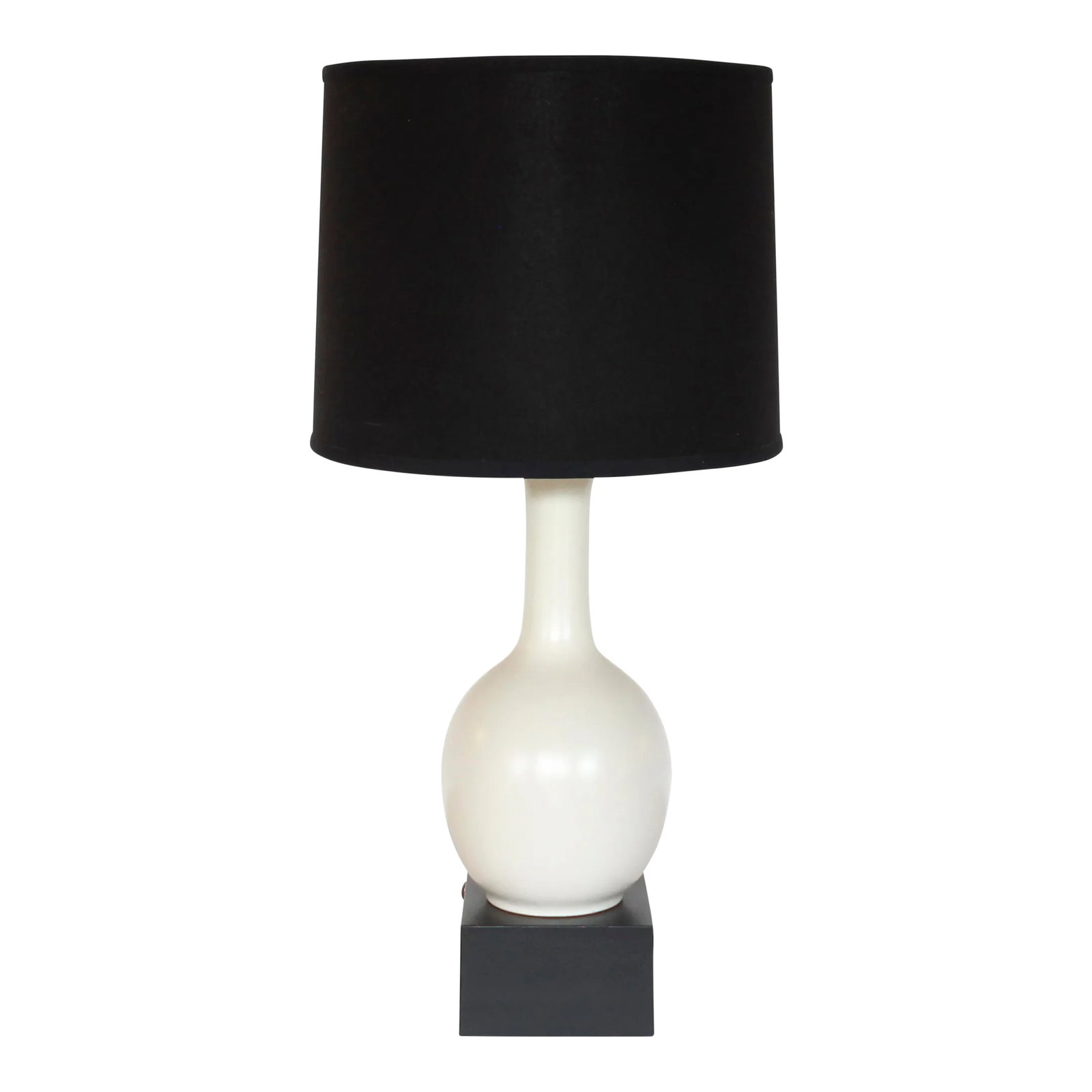 Midcentury White Craquelure Pottery Table Lamp With Black Shade: 1960s Midcentury European craquelure / crackle white pottery table lamp on black block square base, with black lamp shade. Black base is 6" x 6" x 3.5" H. Shade is 12" Height and 14" diameter.