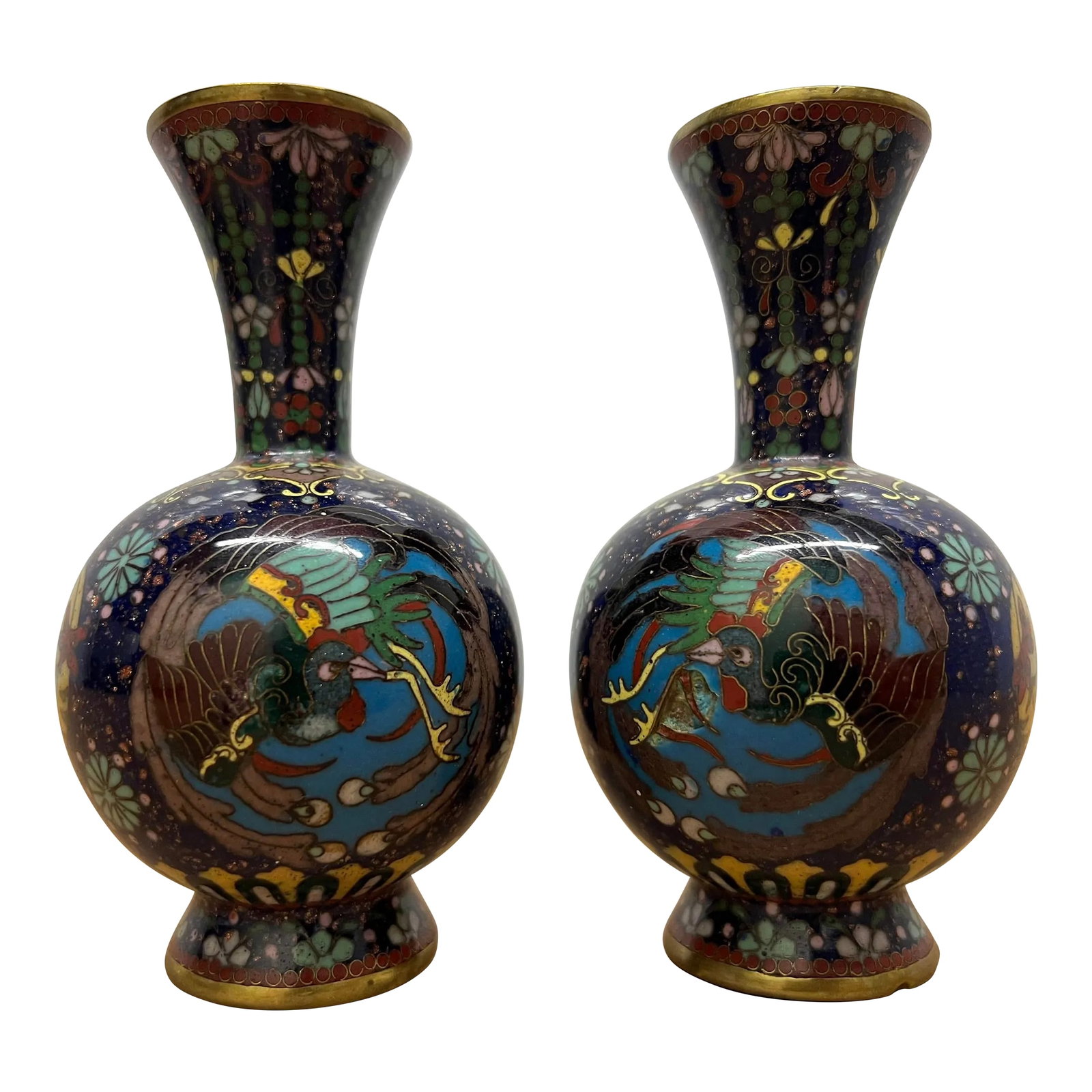 Late 19th Century Antique Miniature Japanese Cloisonne Peacock Form Cloisonné Vases - a Pair: Pair of miniature antique cloisonné vases with peacock and floral decorations. Condition: Alterations: Original Condition Unaltered Imperfections: Some Imperfections Condition Notes: Note -
