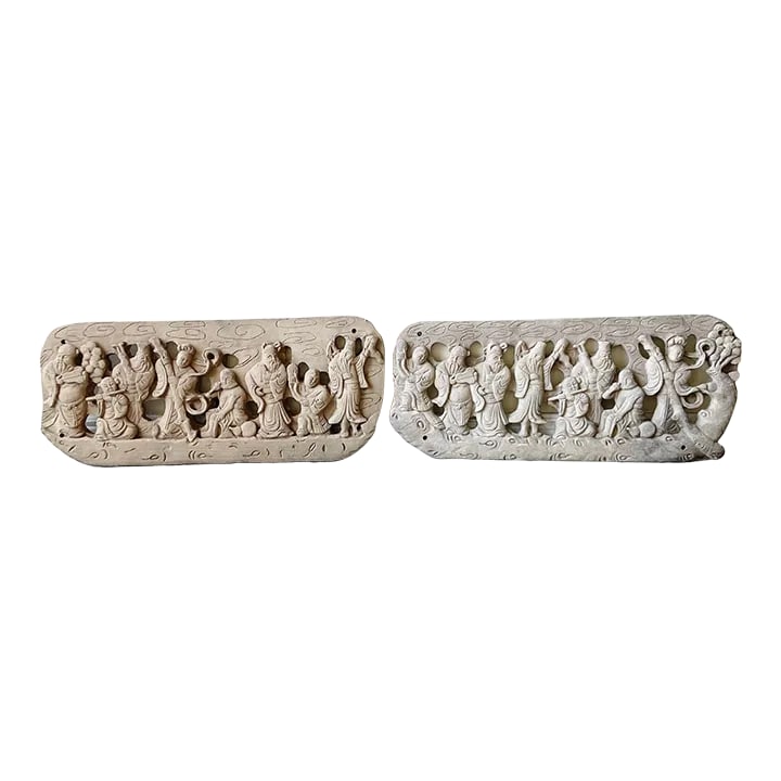 Vintage Chinese Resin Sculpture Relief - a Pair: Beautiful pair of cast resin sculpture reliefs depicting a series of Chinese musicians playing instruments. Condition: Alterations: Original Condition Unaltered Imperfections: Some Imperfections