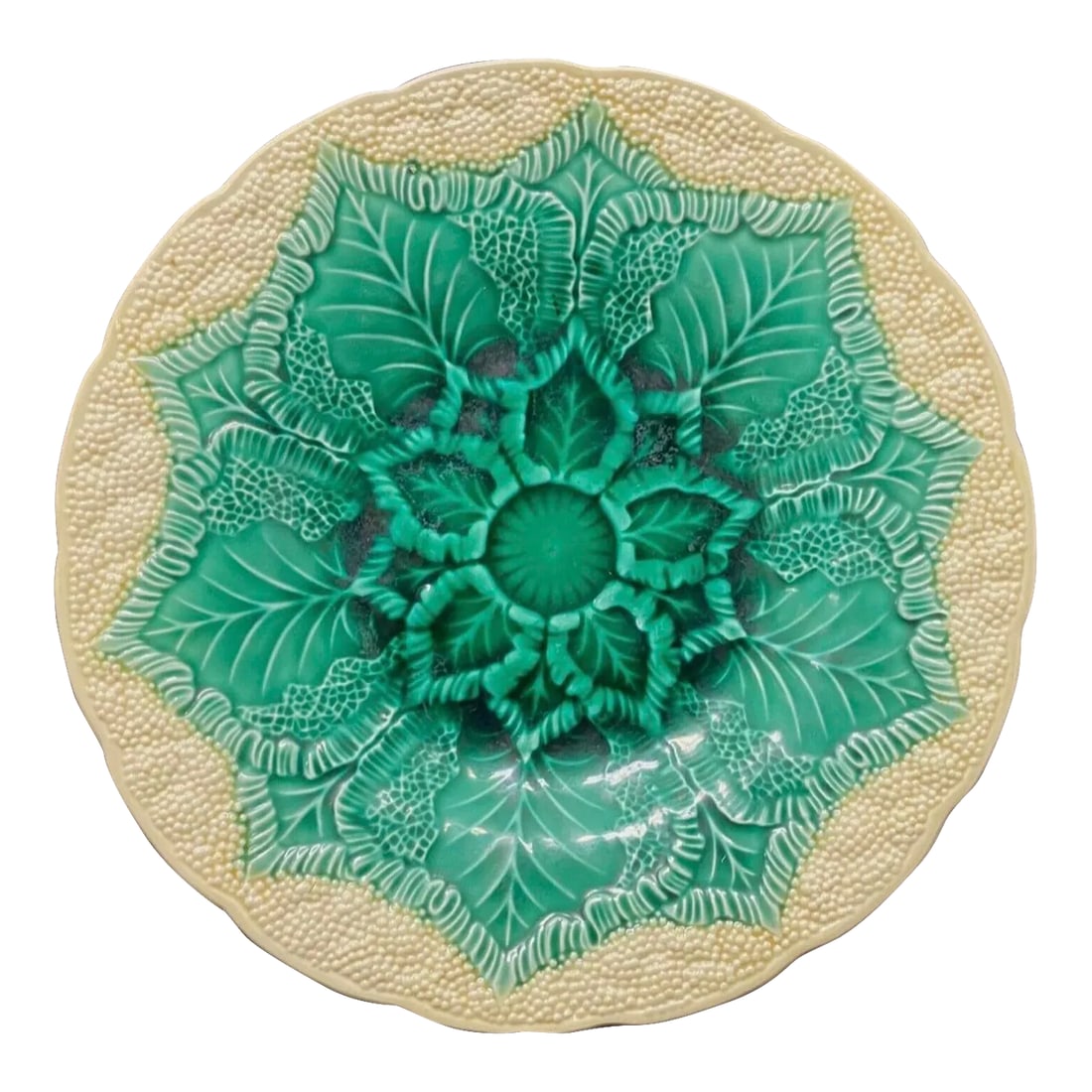 Vintage Wedgwood Majolica Plate Cauliflower Pattern: Beautiful Wedgewood Majolica Cauliflower plate. Vivid Green and Yellow. Excellent condition with no chips or cracks. 9" diameter See photos for best description. Ask questions before buying. Look at