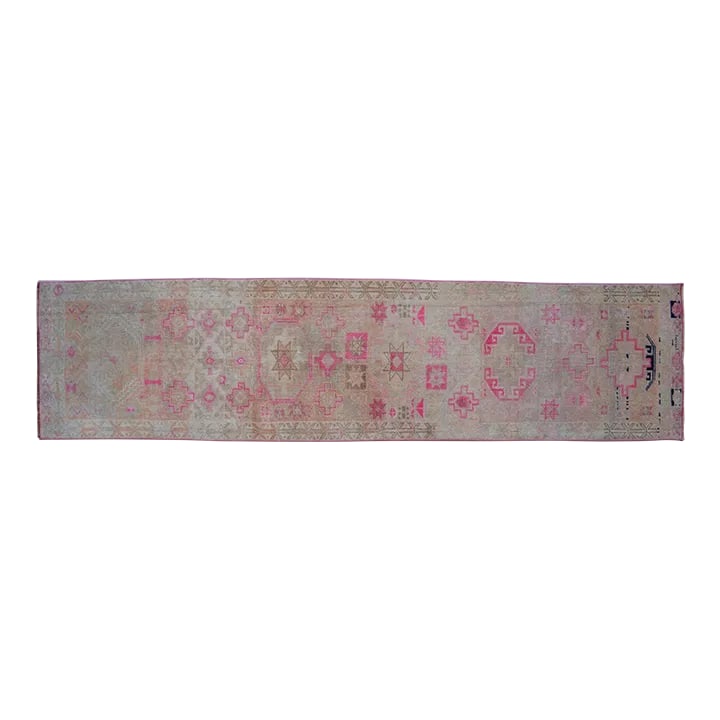 1960s Hand Knotted Kurdish Tribal Low Pile Muted Short Runner Rug: Offered is a gorgeous Kurdish runner rug, made in Hakkari approximately 50-60 years ago. The beautiful wool on wool pile features multicolored geometric patterns on a tan background. Dimension: 27.6"