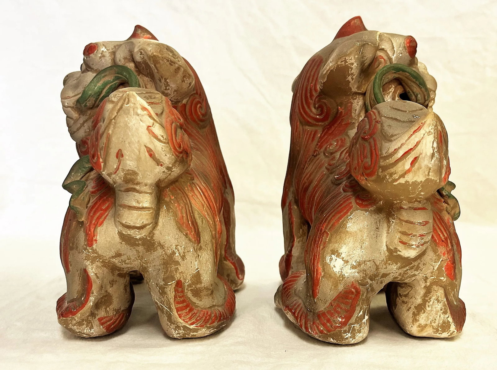 Vintage Chinese Pottery Foo Dogs With an Unglazed Polychrome Finish- a Pair - 10