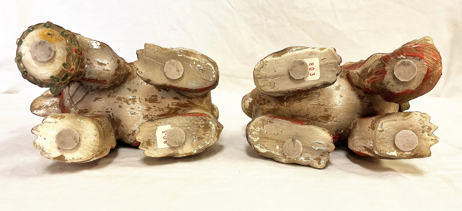 Vintage Chinese Pottery Foo Dogs With an Unglazed Polychrome Finish- a Pair - 11