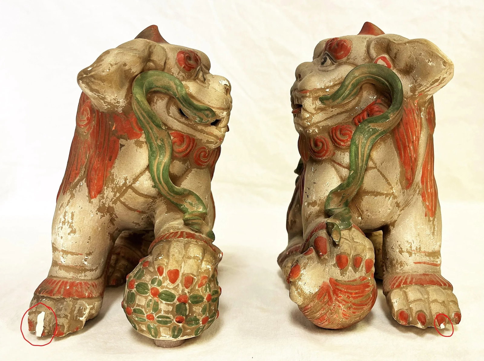 Vintage Chinese Pottery Foo Dogs With an Unglazed Polychrome Finish- a Pair - 12