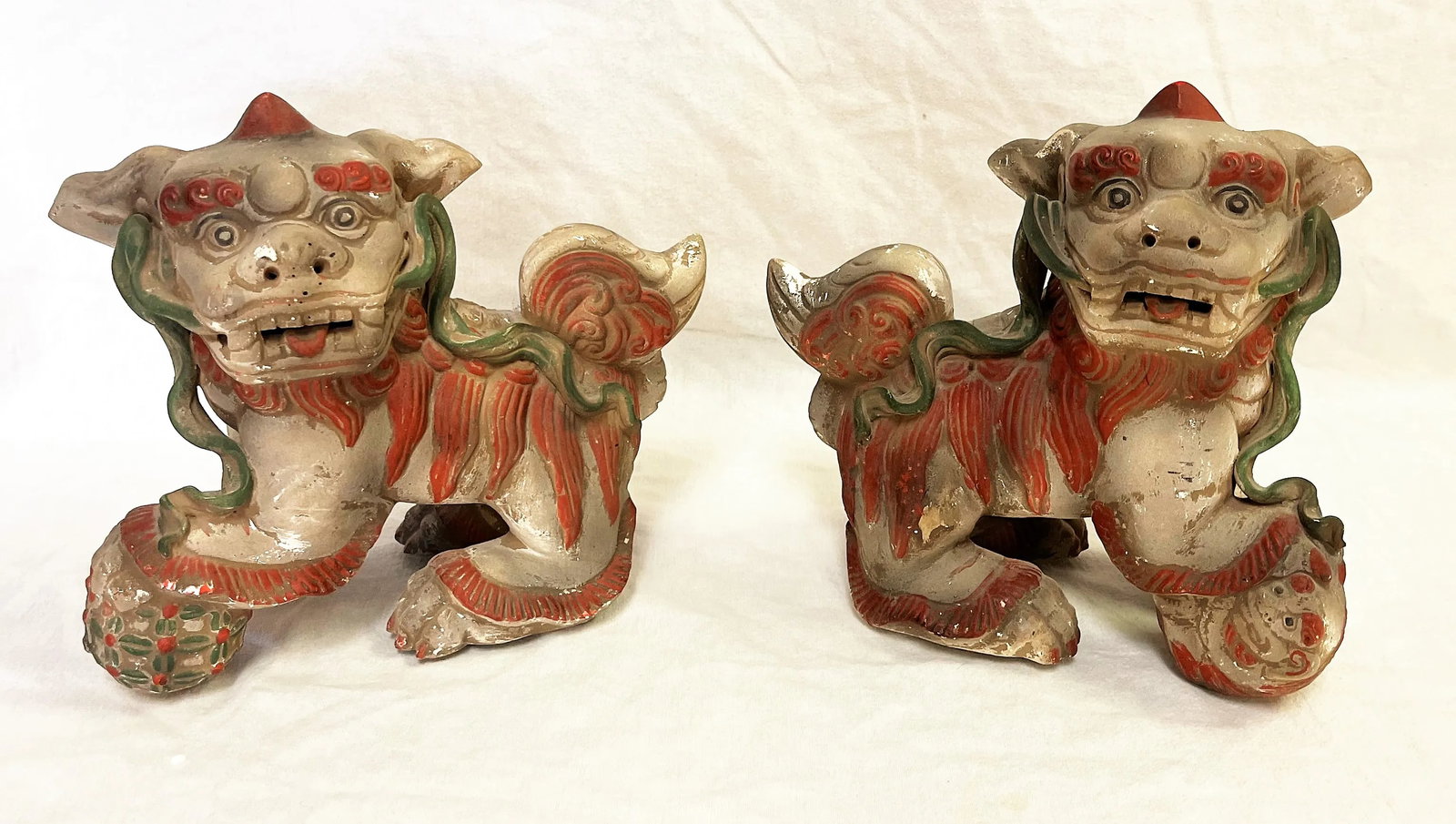 Vintage Chinese Pottery Foo Dogs With an Unglazed Polychrome Finish- a Pair - 13