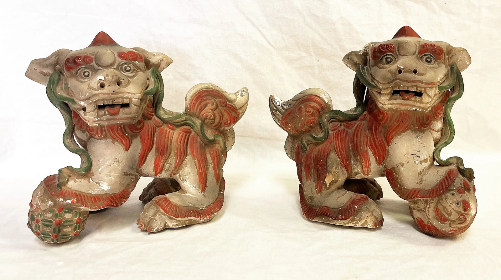 Vintage Chinese Pottery Foo Dogs With an Unglazed Polychrome Finish- a Pair - 2