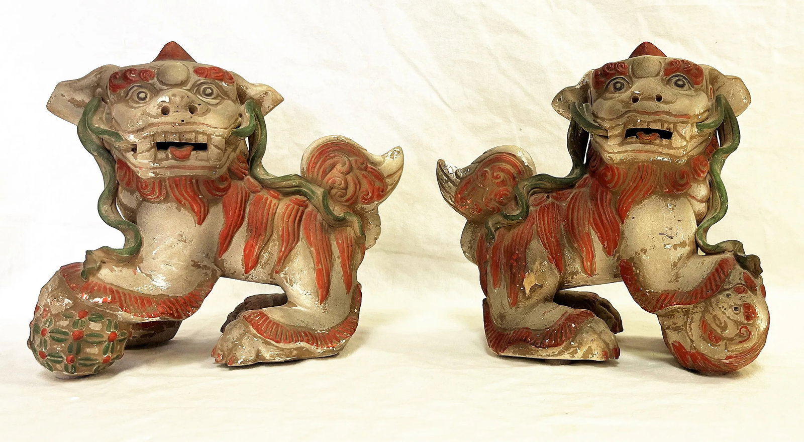 Vintage Chinese Pottery Foo Dogs With an Unglazed Polychrome Finish- a Pair - 3