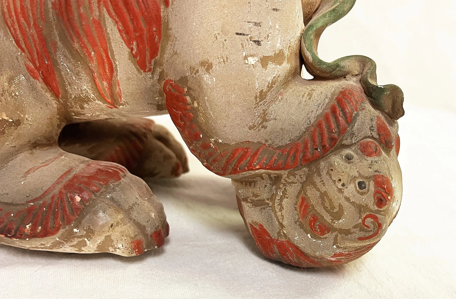 Vintage Chinese Pottery Foo Dogs With an Unglazed Polychrome Finish- a Pair - 4